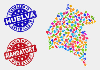 Bundle Huelva Province map and blue Assembled seal, and Mandatory grunge stamp. Colored vector Huelva Province map mosaic of bundle units. Red round Mandatory seal.