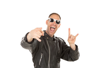 Naklejka premium Happy cool guy with leather jacket an sunglasses