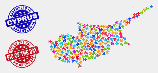 Bundle Cyprus map and blue Assembled seal stamp, and Pic of the Day distress seal. Colored vector Cyprus map mosaic of bundle components. Red round Pic of the Day badge.