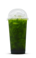 Green tea in plastic glass isolate on white background