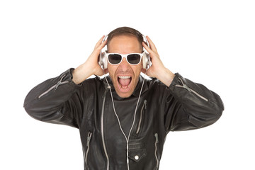 Excited guy listening music