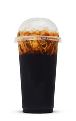Ice black coffee and milk in plastic glass isolate on white background