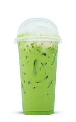Green tea in plastic glass isolate on white background