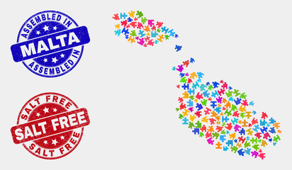 Module Malta map and blue Assembled seal stamp, and Salt Free textured seal stamp. Bright vector Malta map mosaic of plug-in components. Red round Salt Free stamp.