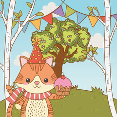 Cat cartoon with happy birthday icon design