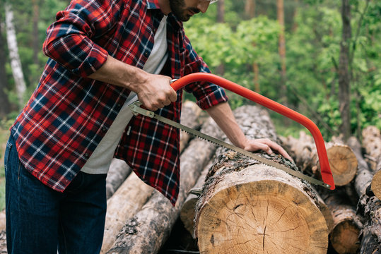 partial view of lumberer cutting log with handsaw in forest
