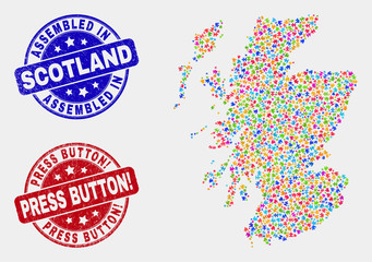 Bundle Scotland map and blue Assembled seal stamp, and Press Button! grunge seal stamp. Bright vector Scotland map mosaic of puzzle bricks. Red rounded Press Button! stamp.