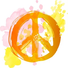 Peace Hippie Symbol over colorful background. Freedom, spirituality, occultism, textiles art. Vector illustration for t-shirt print over vector watercolor,chalk, pastels texture background.