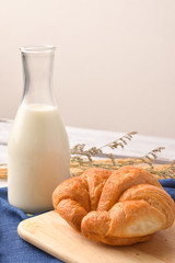 Bread and milk  for breakfast on wooden background