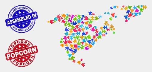 Module North America and Greenland map and blue Assembled seal stamp, and Popcorn distress seal. Colored vector North America and Greenland map mosaic of plugin parts. Red round Popcorn seal.