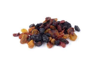 Raisins or Dried grapes mix color black, red, green isolated on white background