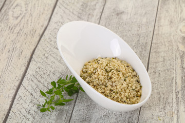 Peeled hemp seeds in the bowl