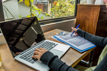 Fototapeta premium Woman using laptop, pointing at diagram document next to window