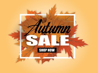 Autumn sale background. design with autumn leaves on orange background. Vector.