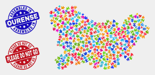 Bundle Ourense Province map and blue Assembled seal stamp, and Please Do Not Go distress seal stamp. Colored vector Ourense Province map mosaic of plug-in items. Red rounded Please Do Not Go stamp.