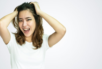 Fototapeta premium A woman wearing white tshirt on white background