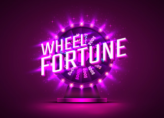 Casino neon colorful fortune wheel. purple background. Vector illustration