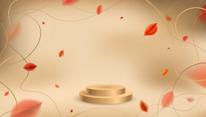 Autumn fall golden background with red leaves and product display pedestal vector design elements