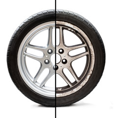 Image of old refurbished tyre showing before and after conditions concept of restoration or...