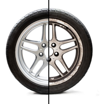 Image of old refurbished tyre showing before and after conditions concept of restoration or improvement
