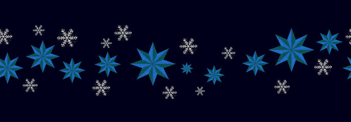 Christmas decoration seamless pattern. New Year border blue stars and silver snowflakes on dark background. Vector