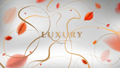 Luxury abstract Fall background with red autumn leaves and golden elegant decoration vector design
