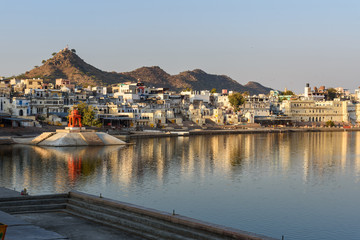 Ghats and temple at Pushkar lake in Rajasthan. India