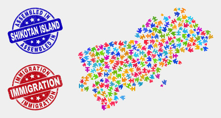 Component Shikotan Island map and blue Assembled seal stamp, and Immigration scratched seal stamp. Bright vector Shikotan Island map mosaic of plugin. Red round Immigration seal.