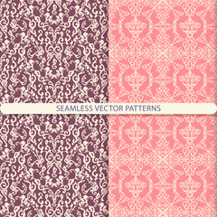 Abstract seamless vector patterns of ornament elements on a dark red and light red background. Print for textiles, wrapping paper, design for wallpaper, furniture and packaging