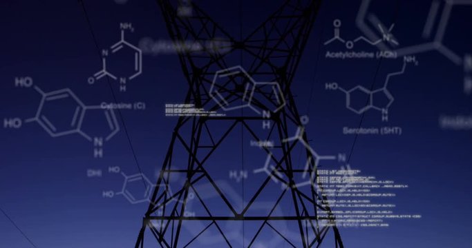 Chemical structures with program codes and a background of transmission towers