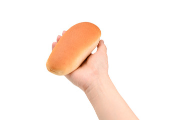 Hot dog bread in woman hand isolated on white background.