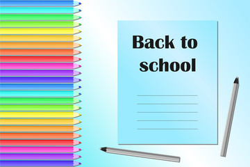 Back to school, poster, banner with colored pencils and notebook
