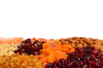 Mix of nuts and dried fruits and sweet turkish delights background.