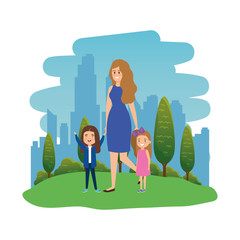 happy students girls with female teacher in the landscape