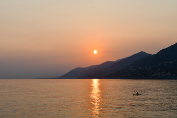 Panorama on the mediterranean coast of Liguria during the sunset
