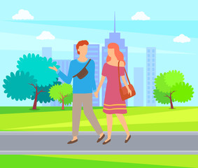 Fototapeta na wymiar Young man and woman walking in city park holding hands. Vector couple on walk outdoors, summer nature and green grass, trees and blue sky. Summer activities