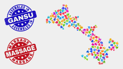 Element Gansu Province map and blue Assembled seal, and Massage textured seal stamp. Colorful vector Gansu Province map mosaic of plugin parts. Red rounded Massage seal.