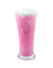glass of pink milk isolated on white background