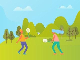 Obraz na płótnie Canvas Man and woman playing badminton outdoor, competition between people in sportwear, full length view. Mountain landscape and trees, green nature vector
