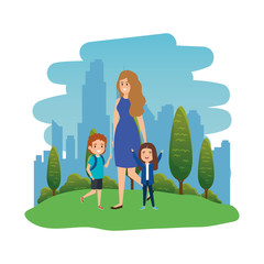 happy students kids with female teacher in the landscape