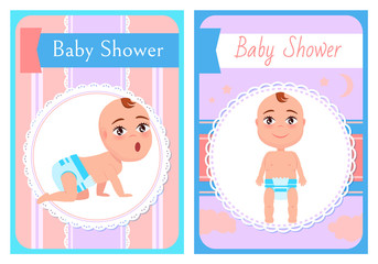 Baby shower posters, newborn on all fours and standing on foot vector. Infants milestones, cartoon boy or girl toddler stares at face from round frame