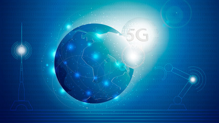 Telecommunication technology concept. Futuristic illustration of the Earth surrounded by technologies of the future.