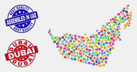 Constructor United Arab Emirates map and blue Assembled seal stamp, and Dubai distress seal stamp. Bright vector United Arab Emirates map mosaic of bundle components. Red round Dubai stamp.