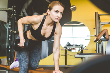 Working out with dumbbell weights at the gym.Fitness Women exercising are lifting dumbbells. Fitness muscular body.Workout at gym.