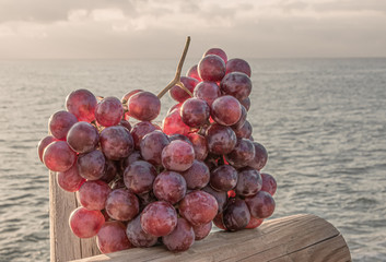 Many sweet dark red grapes in a cluster on a wooden dock, illuminated by the sun and the sea...