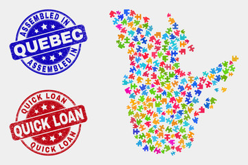 Constructor Quebec Province map and blue Assembled seal stamp, and Quick Loan distress seal stamp. Bright vector Quebec Province map mosaic of bundle items. Red round Quick Loan badge.