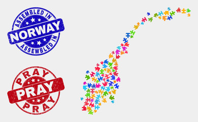 Bundle Norway map and blue Assembled seal stamp, and Pray scratched stamp. Bright vector Norway map mosaic of bundle connectors. Red round Pray imprint.