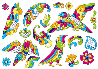 Set of decorative tropical parrots. Mexican ceramic cute naive art.