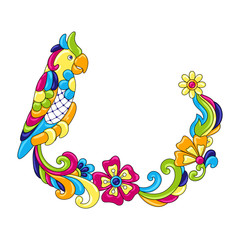 Obraz premium Decorative frame with tropical parrots. Mexican ceramic cute naive art.