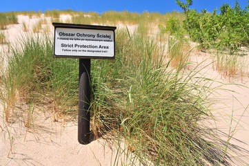 Leba, Poland, June 2019. Strict Protection Area sighn in Slowinski National Park, Leba, Poland Baltic Sea (Lacka dune)
